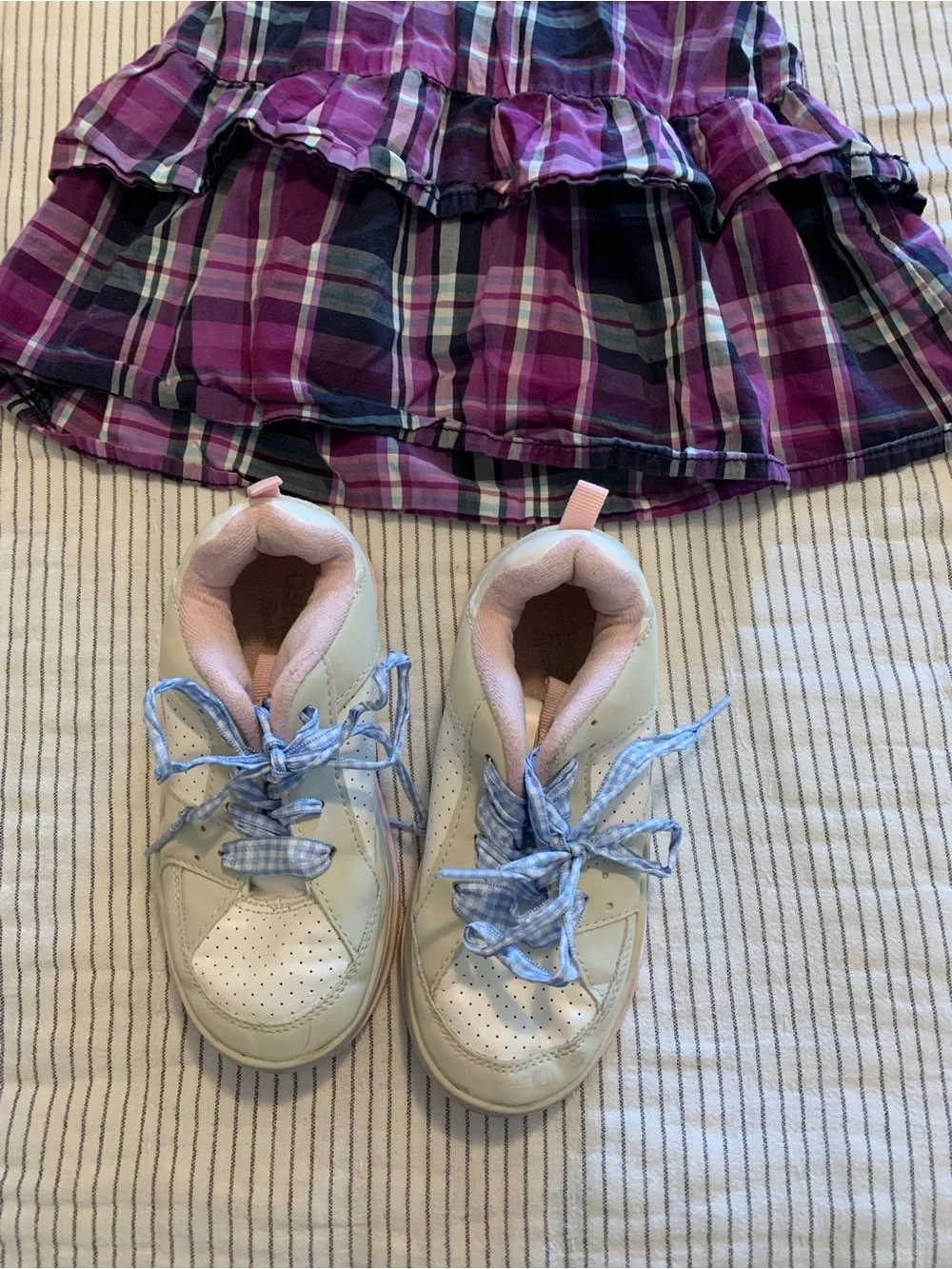 LOT of 2: OshKosh overall plaid denim dress plus sneakers